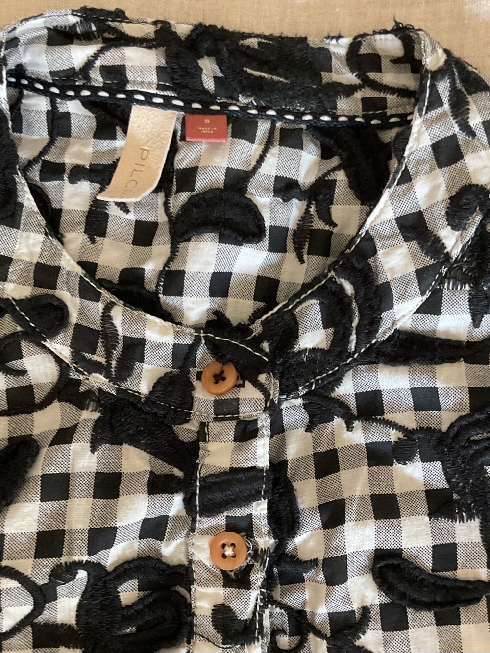 Pilcro Black and White Gingham Top with Floral Embroidery - Picture 2 of 3